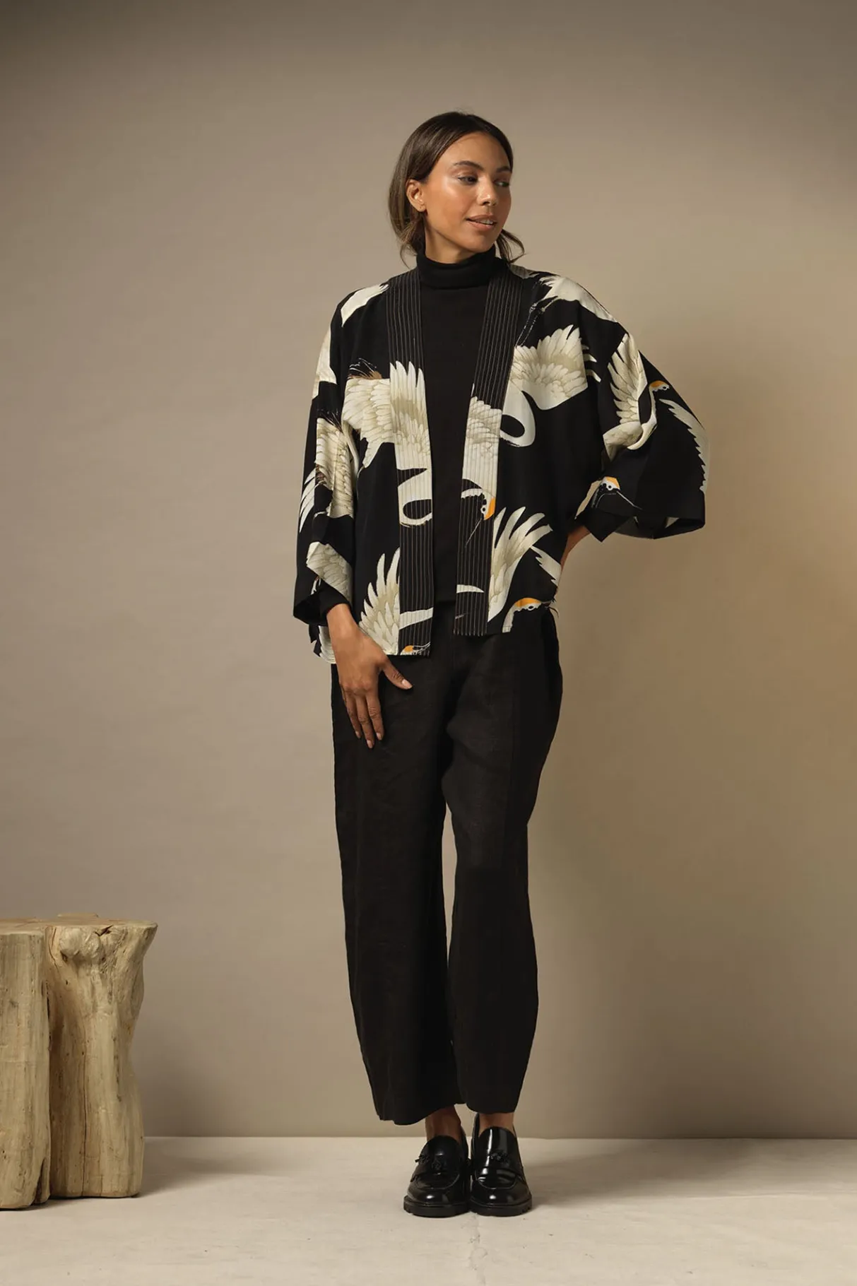 stork_black_crepe_kimono_0.webp Best Sale One Hundred Stars Stork Black Crepe Kimono