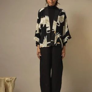 Best Sale One Hundred Stars Stork Black Crepe Kimono