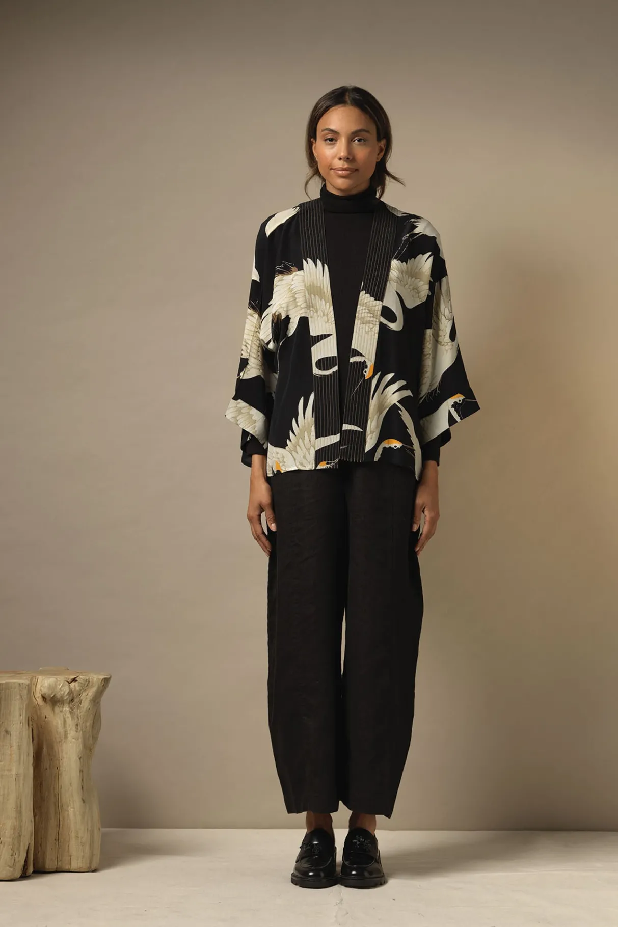 stork_black_crepe_kimono_1.webp Best Sale One Hundred Stars Stork Black Crepe Kimono