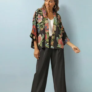Best Sale One Hundred Stars Woven Flower Black Crepe Kimono